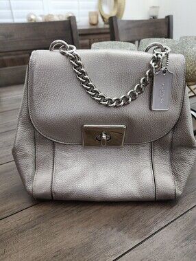 Coach Pebbled Leather Turnlock Backpack in Taupe/Pewter